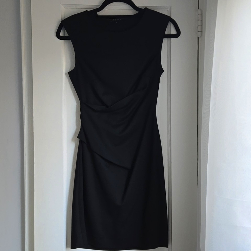 Theory Wool Sleeveless Ruched Black Dress Size 0 LIKE NEW